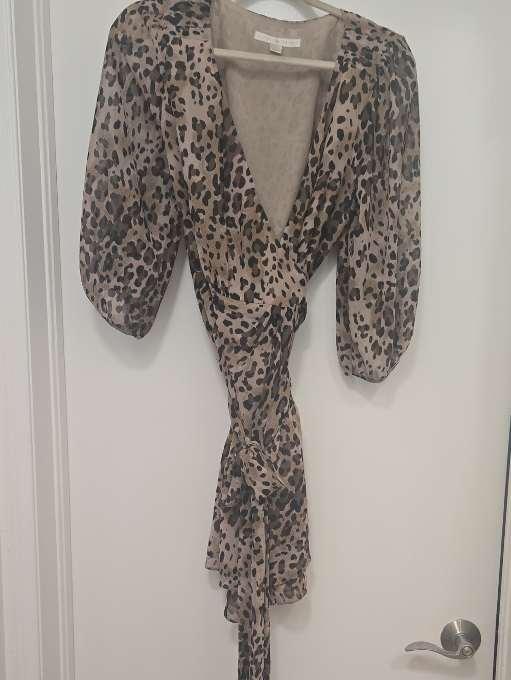 Boston Proper Beige and Black Leopard-Print Wrap Blouse